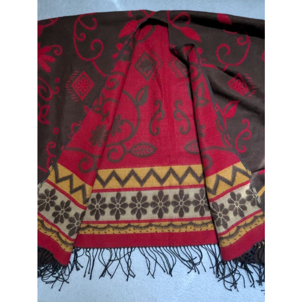 Womens Unbranded Brown Red Floral Fringe Poncho Reversible One Size Western Soft - Picture 2 of 5
